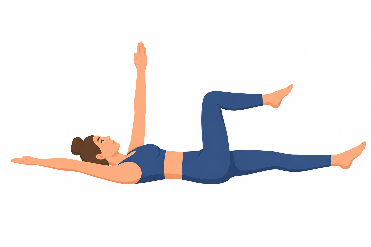Illustration einer Person in Rückenlage mit diagonal ausgestrecktem Arm und Bein bei der Dead-Bug-Übung zur Kräftigung der Rumpfmuskulatur.